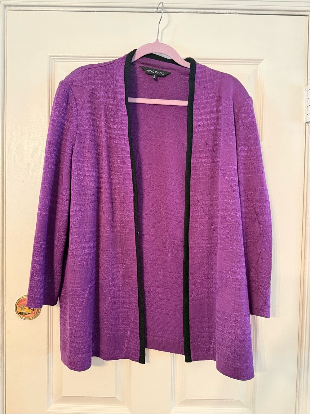 Ming Wang Violet Open-Front Cardigan with Black Trim